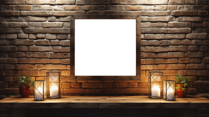 Hall framed picture canvas mockup. A rustic wooden picture frame mockup with a blank white canvas is mounted on a textured brick wall. 