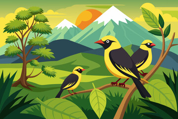 Wall Mural -  Golden-collared Manakins on the tree, mountain in the background, vector illustration