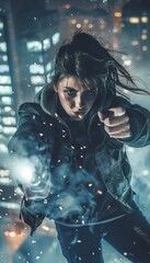 Wall Mural - Intense Self-Defense Training with Focused Woman Holding Gun in Dynamic Cityscape Background