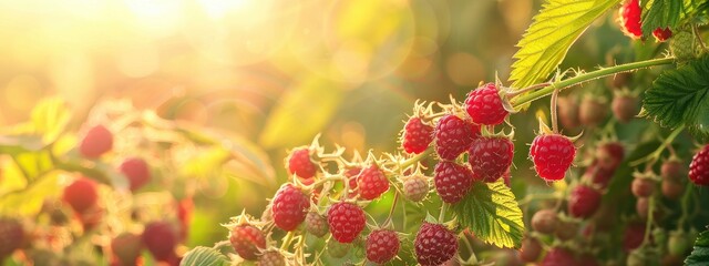 Background with ripe raspberries hanging on bushes.