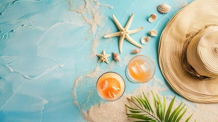 Wall Mural - Beach lay flat with a tropical drink, hat, and sea shells.