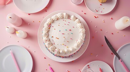 Wall Mural - Cake lay flat with candles, plates, and a cake knife.