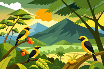 Wall Mural -  Golden-collared Manakins on the tree, mountain in the background, vector illustration