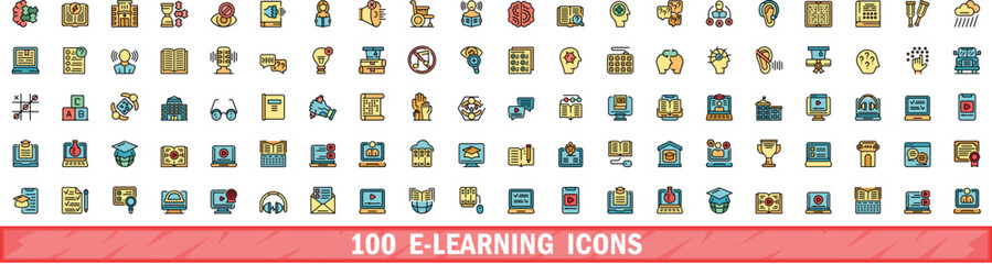 Sticker - 100 e-learning icons set. Color line set of e-learning vector icons thin line color flat on white