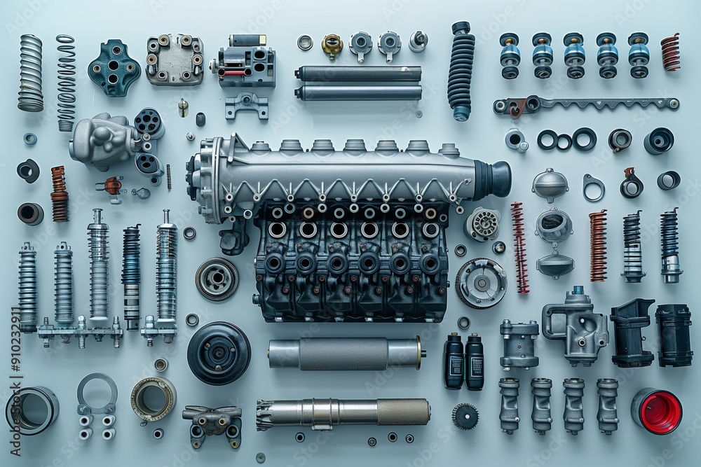 One car engine surrounded by disassembled car engine parts and details ...