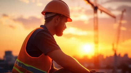 Construction worker in hard hat and safety vest sits on a rooftop at sunset.