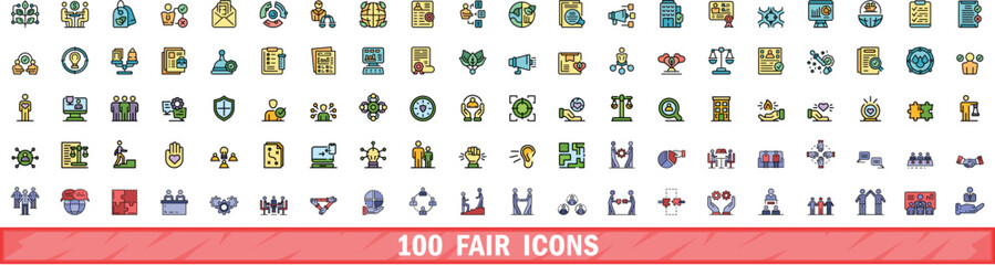 Poster - 100 fair icons set. Color line set of fair vector icons thin line color flat on white