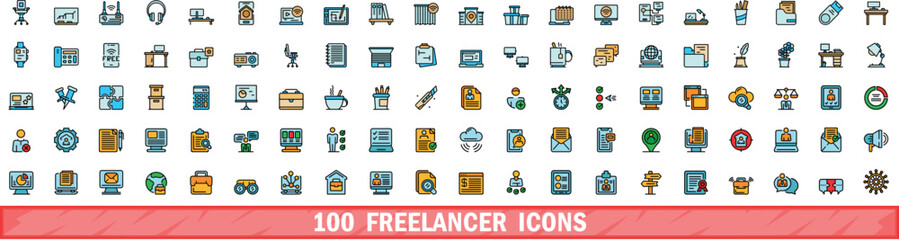 Poster - 100 freelancer icons set. color line set of freelancer vector icons thin line color flat on white