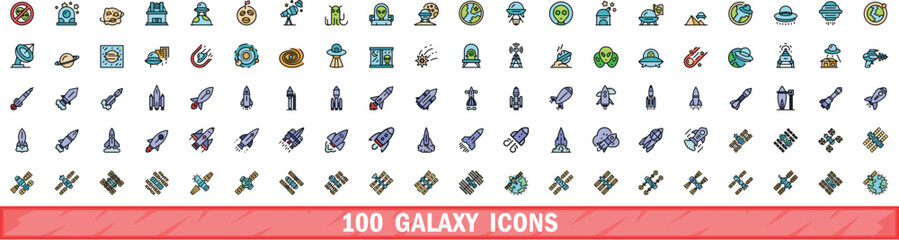 Poster - 100 galaxy icons set. color line set of galaxy vector icons thin line color flat on white