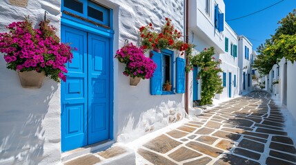 Wall Mural - A blue door with a blue window sits in front of a white building