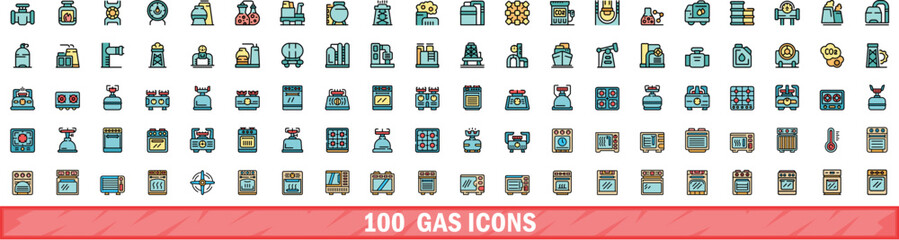 Poster - 100 gas icons set. Color line set of gas vector icons thin line color flat on white