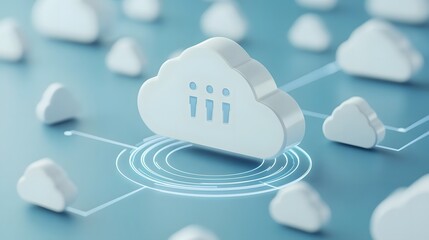 Poster - 3d illustration of cloud computing network with interconnected digital clouds and human icons on blu