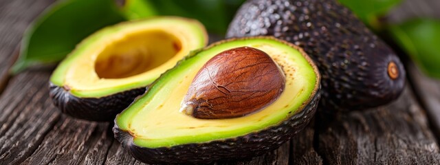 Poster -  A sliced avocado, halved, atop a wooden table Nearby, a leafy green plant