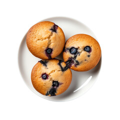 Wall Mural - Top view of three freshly baked blueberry muffins on a white plate, showcasing their golden brown tops and delicious berry filling.