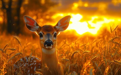 Wall Mural - A deer standing in a field of tall grass at sunset