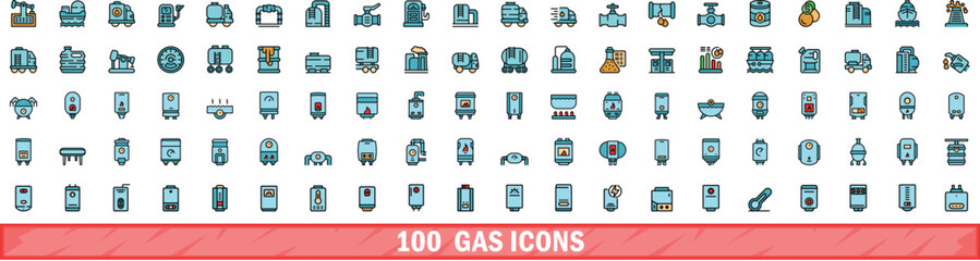 Poster - 100 gas icons set. Color line set of gas vector icons thin line color flat on white