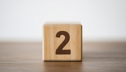 Fototapete - Wooden cube with number 2 two on wooden table with white wall on background. Close-up.