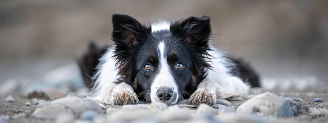 Wall Mural -  A black-and-white dog sits atop rocks, gazing at the camera with one blue eye