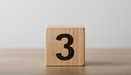 Fototapete - Wooden cube with number 3 three on wooden table with white wall on background. Close-up.