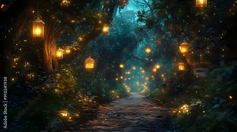 A magical forest path illuminated by glowing lanterns hanging from ...