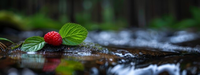 Wall Mural -  Two raspberries atop a leaf on a rock in a bubbling stream, surrounded by a lush forest backdrop