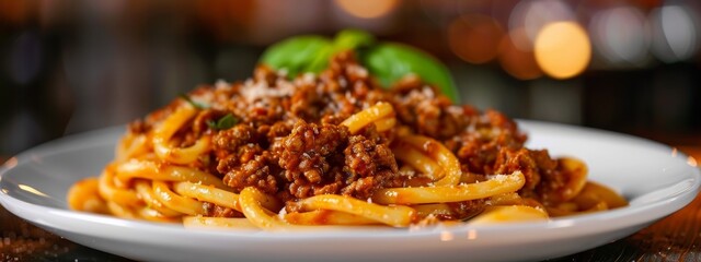 Wall Mural -  A tight shot of pasta with meat and sauce on a weathered table, background softly blurred