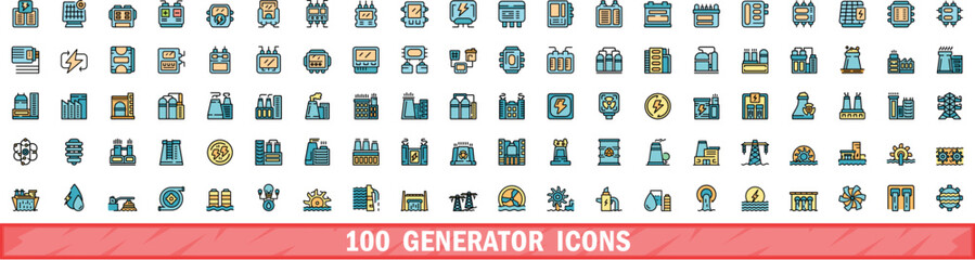 Poster - 100 generator icons set. Color line set of generator vector icons thin line color flat on white
