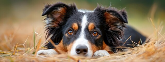 Wall Mural -  A tight shot of a dog reclining in a sea of dry grass, its head nestled upon the earth