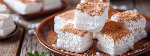  A wooden table holds a brown plate with marshmallows stacked atop it, nearby sits another plate filled with additional marshmallows