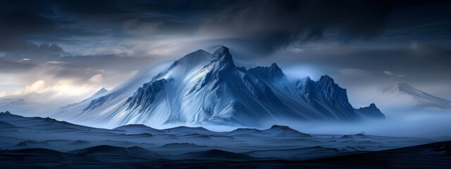 Wall Mural -  A painting of a mountain shrouded in night, adorned with an abundance of clouds in the star-speckled sky above