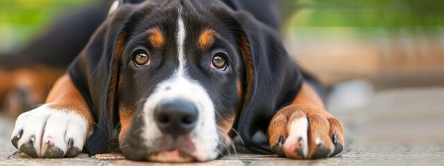 Wall Mural -  A close-up of a dog lying on the ground, its head rested, paws pressed