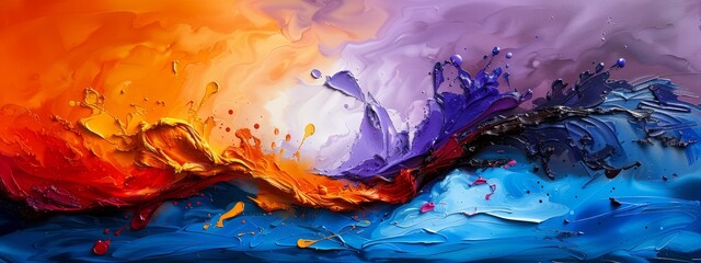 Wall Mural -  A vibrant painting of a multicolored wave against a backdrop of blue, purple, orange, and pink