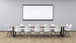 © naphat - Projector screen displaying a blank presentation slide, empty conference room with chairs, copy space on screen