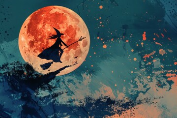 A silhouette of a young witch flying on a broomstick against the backdrop of a full moon