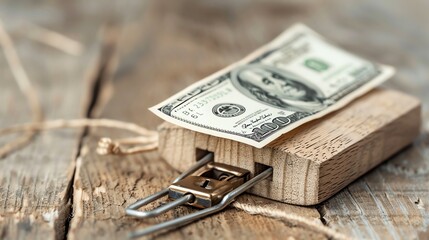 A metaphorical image of a money trap showcasing a dollar bill on a wooden mouse trap, symbolizing financial risk and caution.