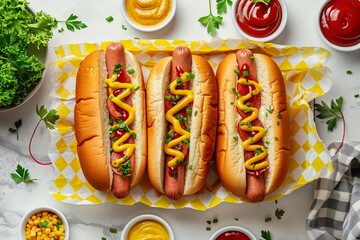 Three hot dogs with mustard and ketchup on a checkered paper