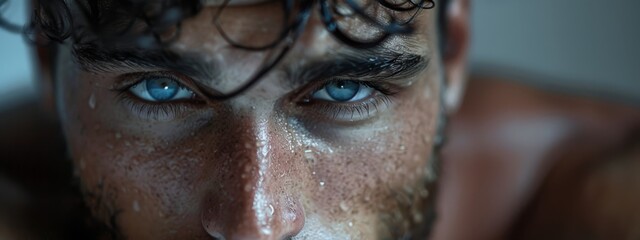 Wall Mural - freckles dotting skin, blue eyes glistening, hair sodden