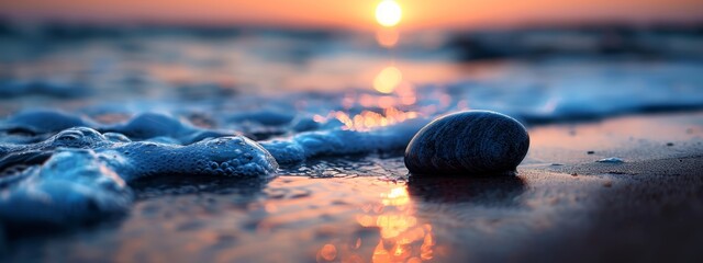 Wall Mural -  A rock perched atop a moist beach, overlooking a body of water as the sun sets in the backdrop