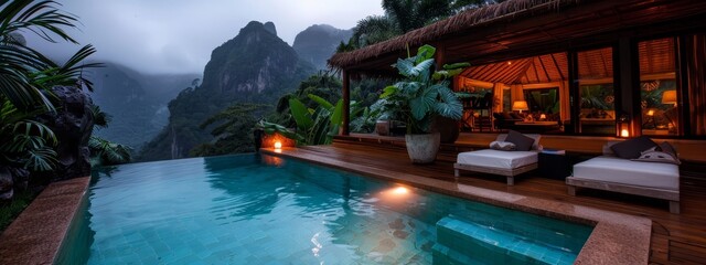 Wall Mural -  A house featuring a green surround pool, deck with chaise lounges, and mountain view