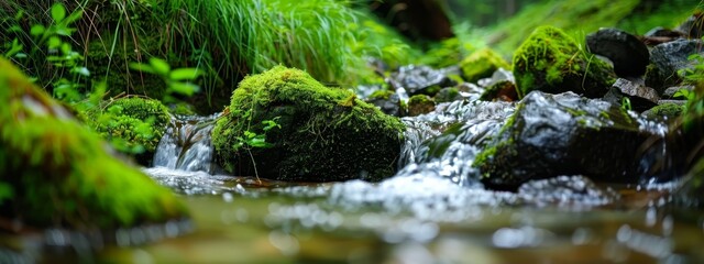 Wall Mural -  A tiny stream weaves through a verdant forest, teeming with abundant green vegetation and moss-covered rocks