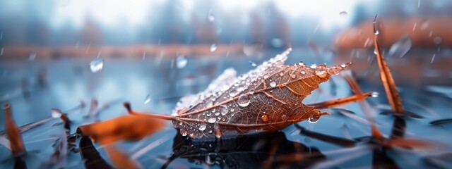 Poster -  A tight shot of a wet leaf submerged in a puddle, dotted with water droplets, surrounded by trees in the distance