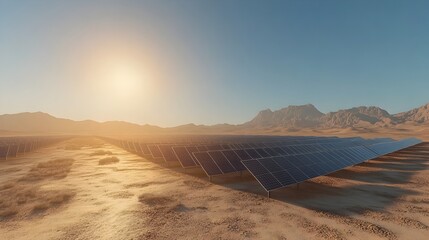 Vast Solar Farm in Serene Desert Landscape with Organized Rows of Panels