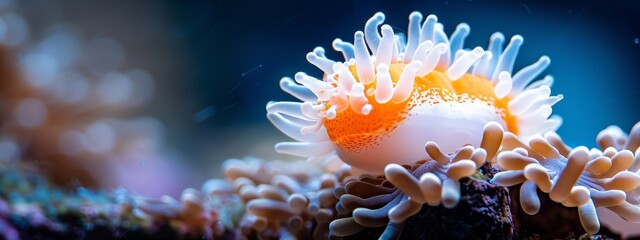 Wall Mural -  A tight shot of an orange-white sea anemone with water beads on its posterior