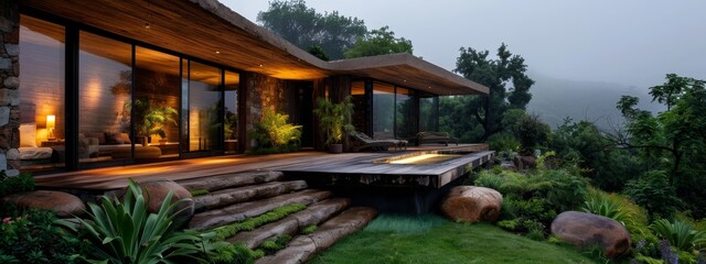 Wall Mural -  A house surrounded by grass features a centrally located deck and a fire pit at its heart