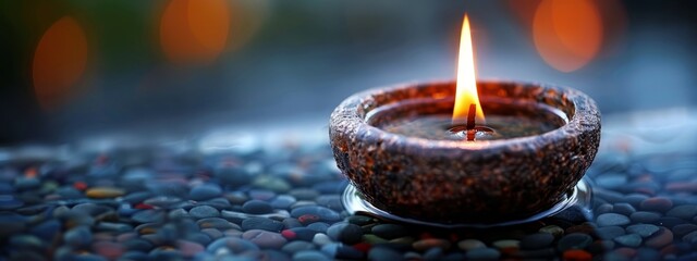 Sticker -  A lit candle atop a rock-stack on a table, beside another rock stack