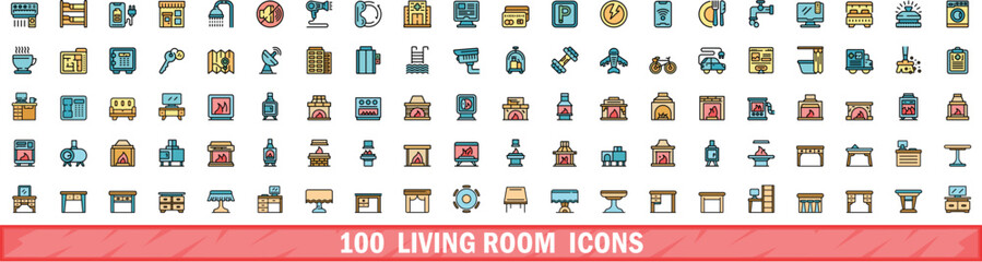 Poster - 100 living room icons set. color line set of living room vector icons thin line color flat on white