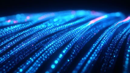 Abstract image of blue glowing fiber optic cables with bokeh effect, representing high-speed internet and modern communication technology.