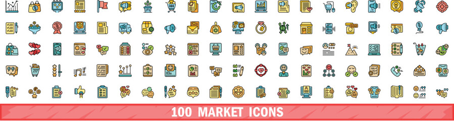 Wall Mural - 100 market icons set. Color line set of market vector icons thin line color flat on white