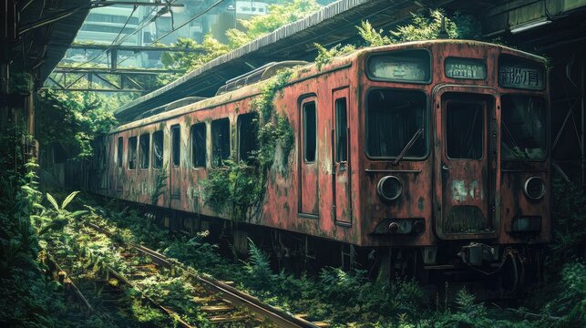 Anime wallpaper of an abandoned train, with intricate details and a haunting, overgrown setting.