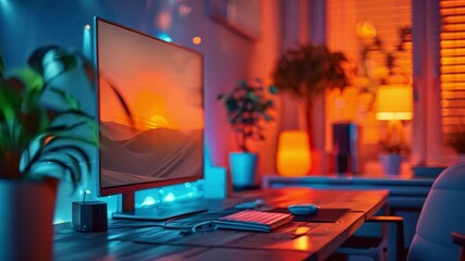 Aufkleber - This warm home office setting featuring colorful lighting and a sunset view.